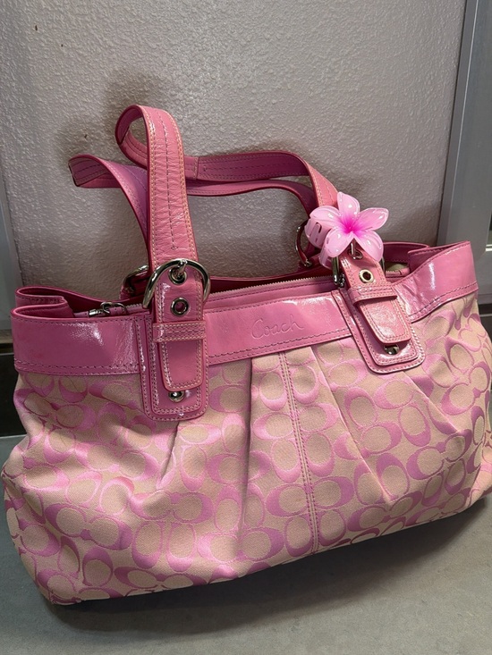Coach Handbags - Coach Pink Signature Canvas Shoulder Tote with Patent Trim